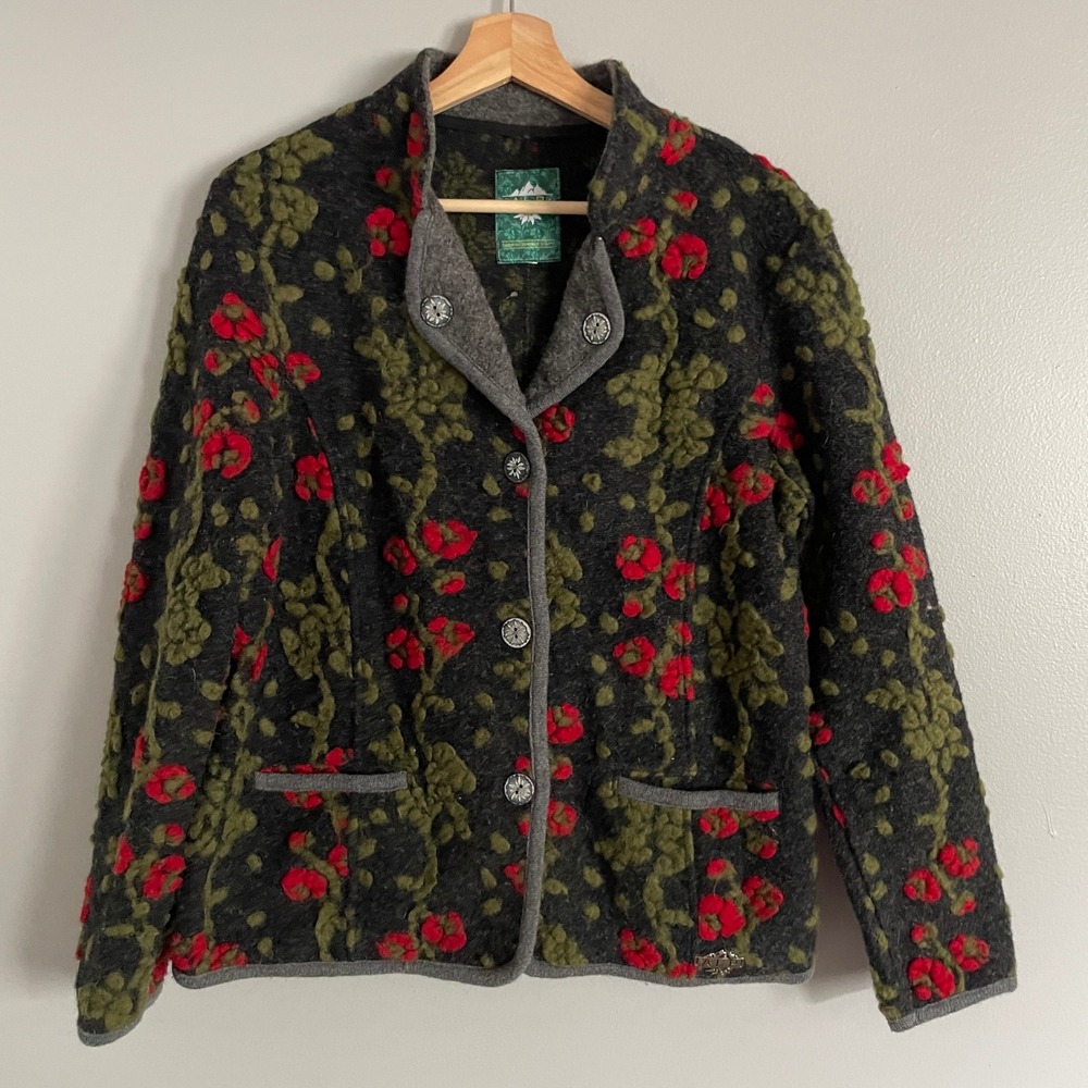 ALP Country Wear Boiled Wool M Charcoal Floral Tyrolean Folk No Size Tag